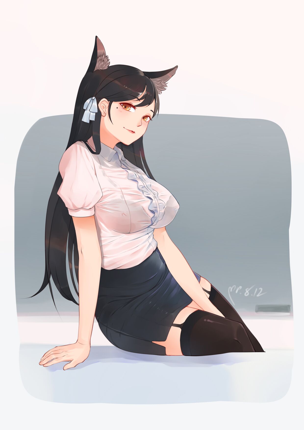 1girl alternate_costume animal_ears arm_support atago_(bilan_hangxian) azur_lane bangs between_legs bilan_hangxian black_bra black_hair black_legwear black_skirt bra breasts chalkboard erect_nipples fox_ears garter_straps hair_ribbon hand_between_legs highres large_breasts light_smile long_hair looking_at_viewer miniskirt mole mole_under_eye orange_eyes pencil_skirt puffy_short_sleeves puffy_sleeves ribbon see-through shirt short_sleeves sitting skirt solo swept_bangs taut_clothes taut_shirt teacher thigh-highs underwear white_shirt yueguang_zhanglang zettai_ryouiki