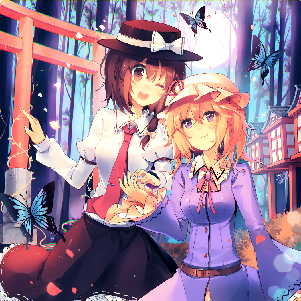 2girls ;d belt black_skirt blonde_hair blush bow breasts brooch brown_eyes brown_hair butterfly buttons collar commentary_request day dress dress_shirt fedora fingernails frilled_collar frills hair_bow hat hat_bow jewelry kirero lens_flare long_sleeves looking_at_another looking_at_viewer maribel_hearn medium_breasts mob_cap multiple_girls necktie one_eye_closed open_mouth outdoors petals plant purple_dress purple_skirt red_ribbon ribbon shirt short_hair skirt small_breasts smile sun sunlight teeth torii touhou tree upper_teeth usami_renko vines violet_eyes white_bow white_shirt wide_sleeves yuri