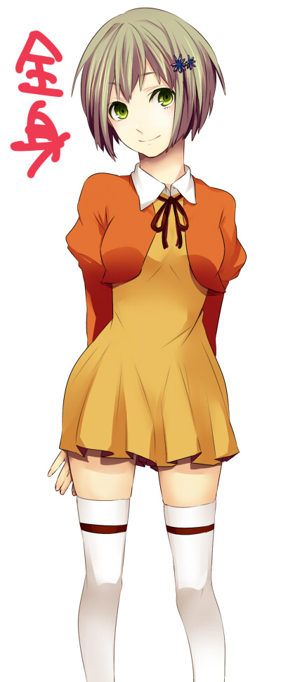 1girl arms_behind_back blonde_hair breasts closed_mouth collar collared_shirt dress eyebrows_visible_through_hair flower green_eyes hair_between_eyes hair_flower hair_ornament hairclip hiiroichi huang_baoling medium_breasts ribbon shirt short_hair simple_background smile solo thigh-highs tiger_&amp;_bunny translation_request white_background white_legwear yellow_dress