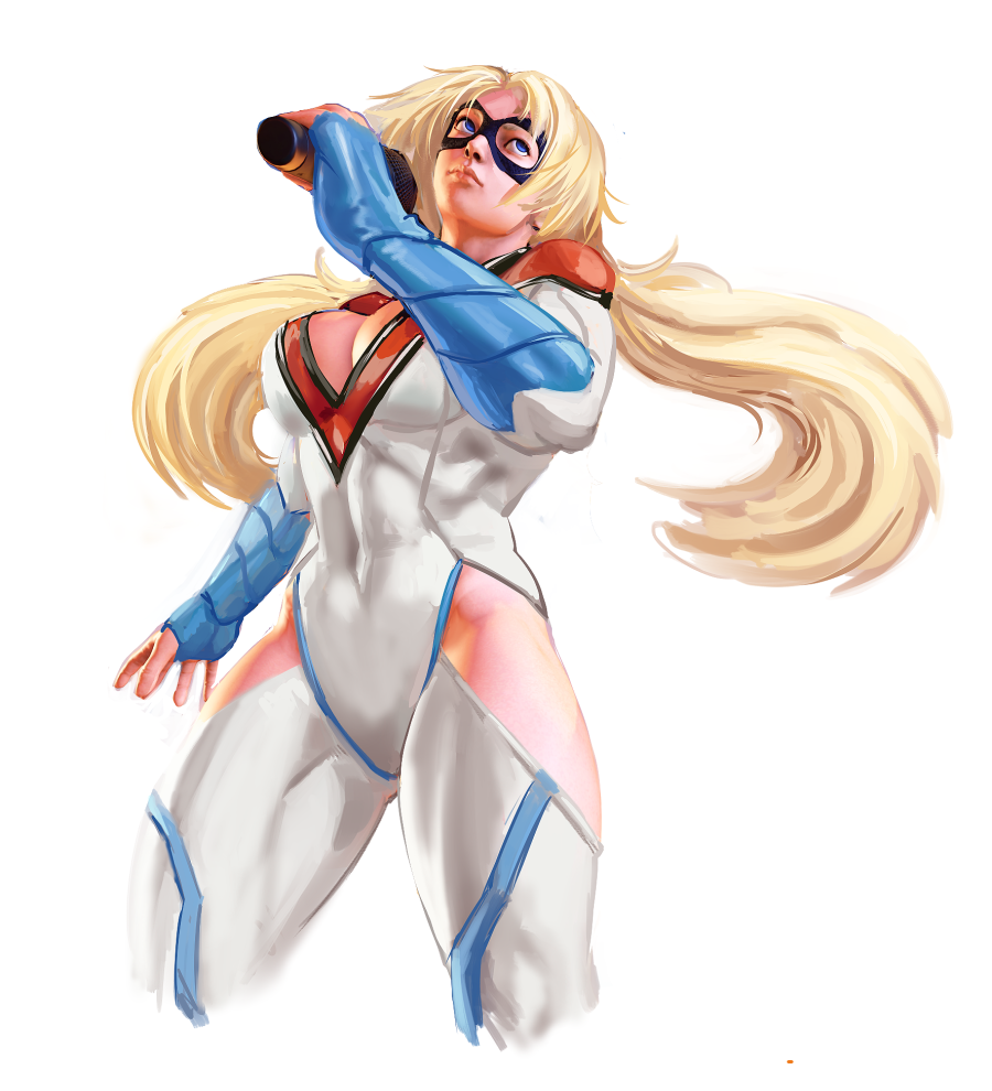 1girl blonde_hair blue_eyes bodysuit boots breasts cleavage cleavage_cutout cosplay covered_navel cropped_legs dc_comics diepod domino_mask fingerless_gloves gloves large_breasts leotard long_hair mask microphone power_girl power_girl_(cosplay) rainbow_mika shoulder_pads solo street_fighter superhero thigh-highs thigh_boots toned twintails very_long_hair white_background