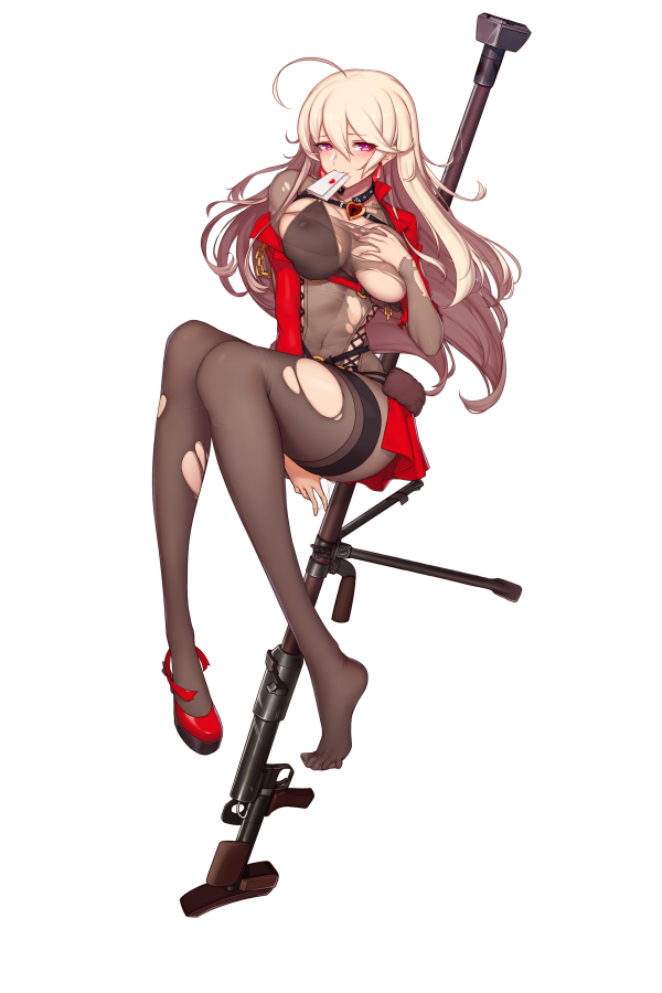 1girl ahoge anti-materiel_rifle blonde_hair blush bodysuit breasts collar covering covering_breasts earrings evan_yang full_body garter_straps girls_frontline gun high_heels jacket jewelry large_breasts letter long_hair looking_at_viewer mouth_hold pink_eyes ptrd-41 ptrd-41_(girls_frontline) rifle single_shoe sniper_rifle solo torn_clothes valentine very_long_hair weapon white_background