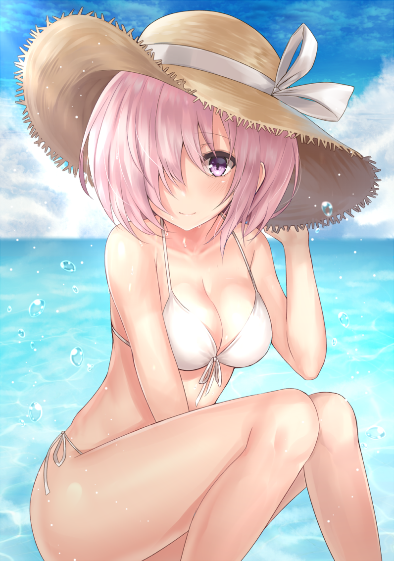 1girl bangs bare_arms bare_legs bare_shoulders between_legs bikini blue_sky blush breasts cleavage closed_mouth clouds cloudy_sky collarbone cowboy_shot day ero_waifu eyebrows_visible_through_hair fate/grand_order fate_(series) front-tie_bikini front-tie_top hair_over_one_eye hand_between_legs hand_on_headwear hat hat_ribbon knees_together_feet_apart large_breasts medium_hair navel ocean one_eye_covered outdoors purple_hair ribbon shielder_(fate/grand_order) side-tie_bikini sitting sky smile solo straw_hat sun_hat swimsuit violet_eyes water water_drop white_bikini white_ribbon