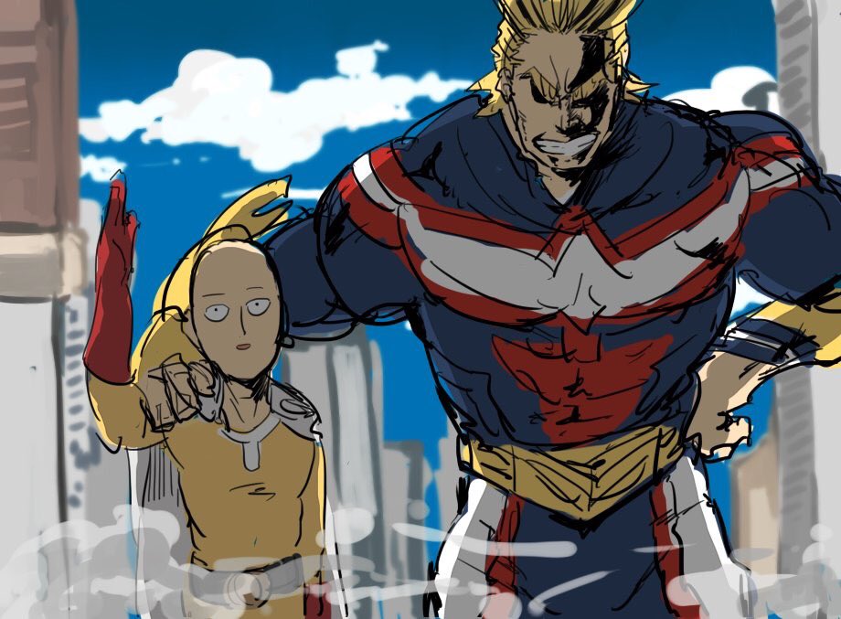 2boys abs all_might bald belt blonde_hair blue_sky boku_no_hero_academia building cape clouds covered_navel gloves hand_on_another's_shoulder looking_at_viewer multiple_boys muscle one-punch_man saitama_(one-punch_man) shaded_face sky smile smoke superhero teeth waving
