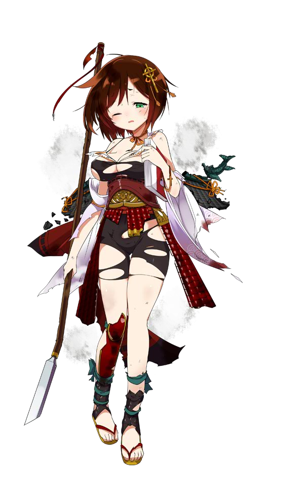 1girl bike_shorts book breasts brown_hair cleavage cross detached_sleeves green_eyes hair_ornament hinotake_(oshiro_project) kamaboko_red navel one_eye_closed oshiro_project oshiro_project_re polearm sandals shachihoko short_hair solo spear torn_clothes transparent_background weapon