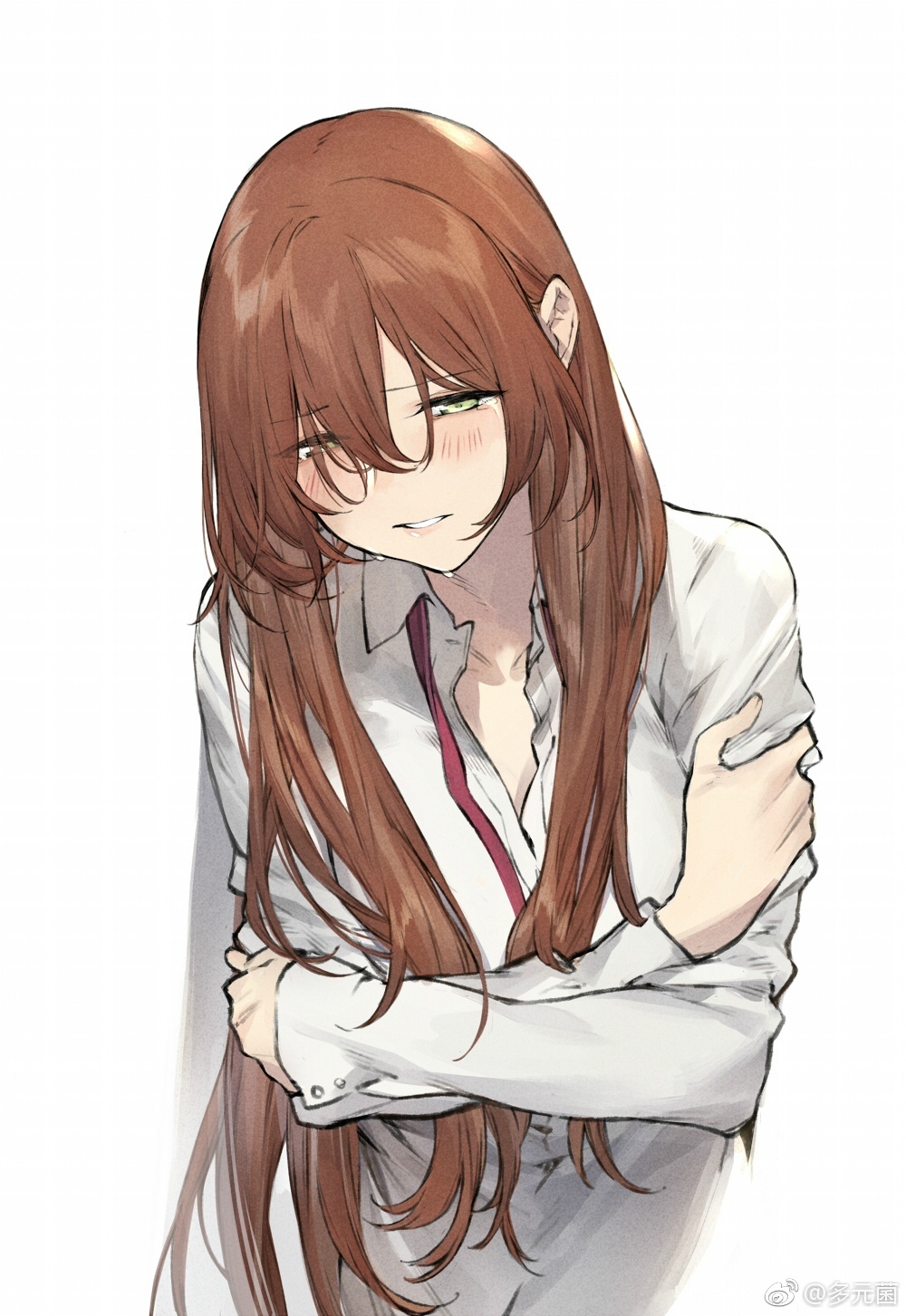 1girl artist_name bangs blush brown_hair collarbone dress_shirt duoyuanjun eyebrows_visible_through_hair eyes_visible_through_hair girls_frontline green_eyes hair_between_eyes hair_over_one_eye hands_on_own_arms highres long_hair long_sleeves m1903_springfield_(girls_frontline) parted_lips shirt sidelocks simple_background solo upper_body watermark white_background
