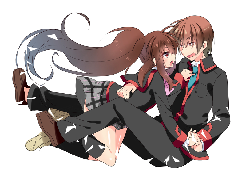 1boy 1girl bow brother_and_sister brown_hair eye_contact green_necktie hand_holding hano_haruka little_busters!! long_hair looking_at_another natsume_kyousuke natsume_rin necktie pink_bow plaid plaid_skirt ponytail red_eyes school_uniform shoes siblings simple_background skirt sneakers white_background