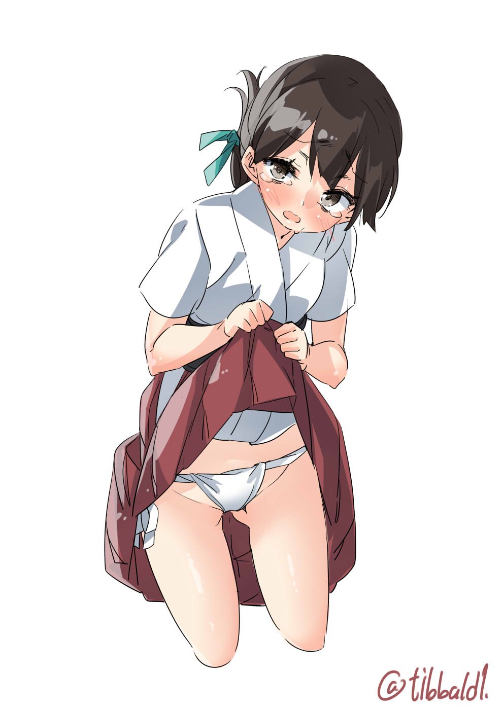 1girl bangs blue_ribbon blush brown_eyes brown_hair ebifurya eyebrows_visible_through_hair folded_ponytail fundoshi gluteal_fold groin hair_ribbon hakama_skirt highres japanese_clothes kantai_collection lifted_by_self looking_at_viewer open_mouth ribbon short_sleeves simple_background solo sweat taiyou_(kantai_collection) tears twitter_username white_background