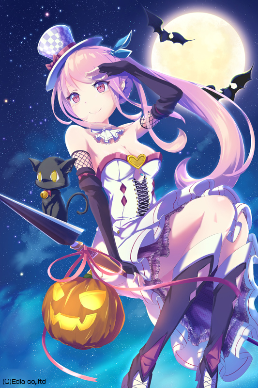 1girl bare_shoulders bat black_boots boots bow breasts cat checkered_hat cleavage company_name halloween hat hat_bow hat_ribbon knee_boots long_hair loup medium_breasts moon night original outdoors pink_eyes pink_hair red_bow red_ribbon ribbon side_ponytail sky smile solo star_(sky) starry_sky top_hat white_hat witch