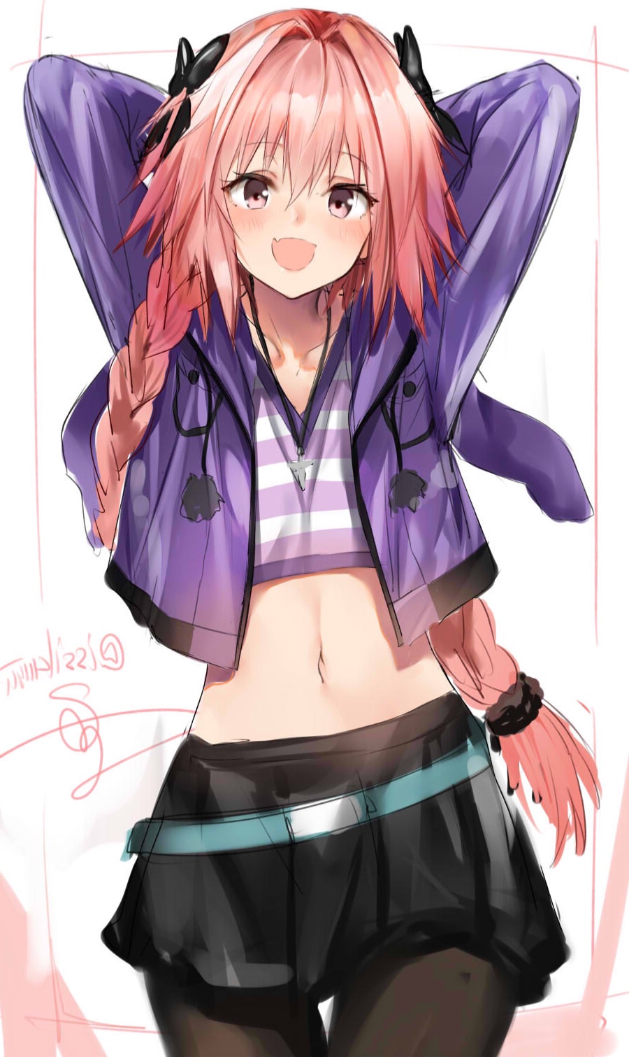 1boy arms_behind_head artist_name belt black_skirt blush bow braid casual collarbone cross cross_necklace fang fate/apocrypha fate_(series) hair_bow hair_intakes highres hood hoodie isshiki_(ffmania7) jacket jewelry long_hair midriff multicolored_hair navel necklace open_clothes open_jacket open_mouth pantyhose pink_eyes pink_hair purple_jacket rider_of_black scrunchie shirt signature simple_baockground skirt smile solo streaked_hair striped striped_shirt trap twitter_username