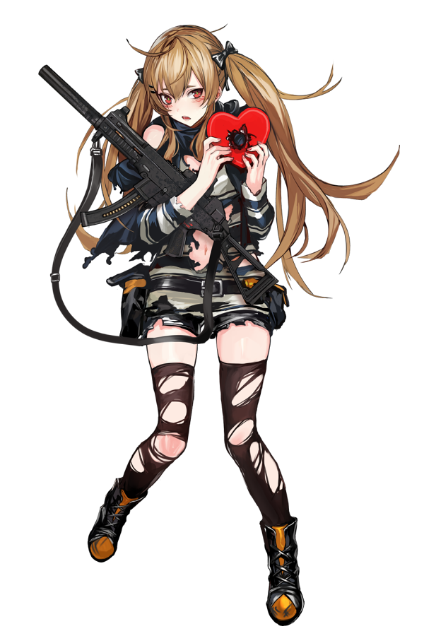 1girl ahoge bangs black_boots black_legwear black_shorts boots brown_hair eyebrows_visible_through_hair full_body gift girls_frontline gun h&amp;k_ump hands_up heart-shaped_box heckler_&amp;_koch holding holding_gift long_hair looking_at_viewer open_mouth red_eyes short_shorts shorts sidelocks simple_background solo standing striped striped_sweater submachine_gun sweater teeth thigh-highs torn_clothes torn_shorts torn_thighhighs twintails ump9_(girls_frontline) valentine weapon white_background zagala