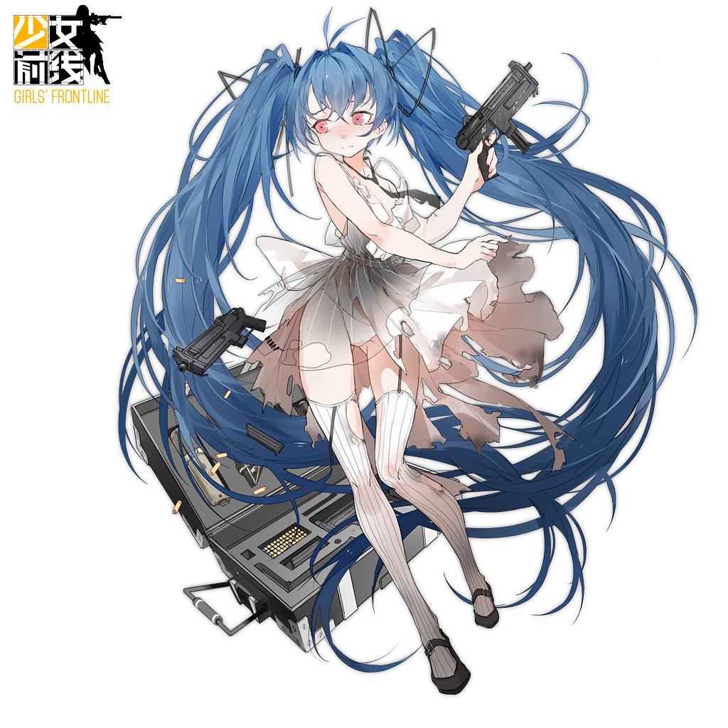 1girl 3: bangs black_shoes blush closed_mouth dress eyebrows_visible_through_hair finger_on_trigger floating_hair garter_straps girls_frontline gluteal_fold grey_dress gun gun_case hair_between_eyes holding holding_gun holding_weapon long_hair mary_janes nine_(liuyuhao1992) panties see-through shell_casing shipka_(girls_frontline) shoes solo thighs torn_clothes torn_dress transparent_background twintails underwear very_long_hair weapon white_legwear white_panties