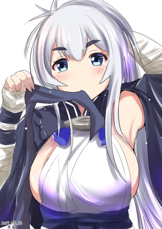 1girl 2017 bandage blue_eyes blue_headband blush breasts clothes_in_mouth cropped_jacket dated folded_ponytail headband_removed holding_clothes kamoi_(kantai_collection) kantai_collection kuroame_(kurinohana) large_breasts looking_at_viewer sideboob silver_hair simple_background sketch solo thick_eyebrows upper_body white_background