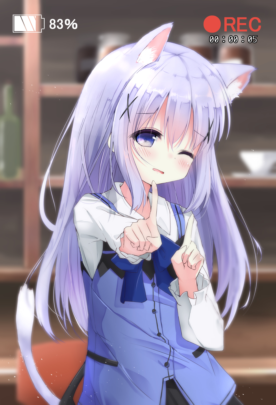 1girl animal_ears bangs battery black_skirt blue_bow blue_bowtie blue_eyes blue_vest blurry blush bottle bow bowtie buttons cat_ears cat_tail collared_shirt commentary_request cowboy_shot cup depth_of_field embarrassed eyebrows_visible_through_hair flat_chest gochuumon_wa_usagi_desu_ka? highres index_finger_raised indoors jar kafuu_chino kemonomimi_mode koi_dance kouda_suzu light_blue_hair long_hair long_sleeves looking_at_viewer one_eye_closed open_mouth rabbit_house_uniform recording saucer shelf shirt sidelocks skirt solo standing stool tail vest wavy_mouth white_shirt wing_collar