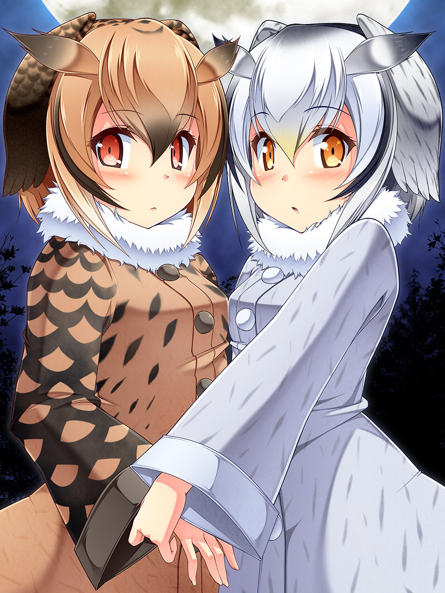2girls anni_minto brown_eyes brown_hair coat commentary_request eurasian_eagle_owl_(kemono_friends) full_moon fur_collar gradient_hair head_wings highres kemono_friends looking_at_viewer moon multicolored_hair multiple_girls northern_white-faced_owl_(kemono_friends) orange_eyes short_hair silver_hair winter_clothes winter_coat