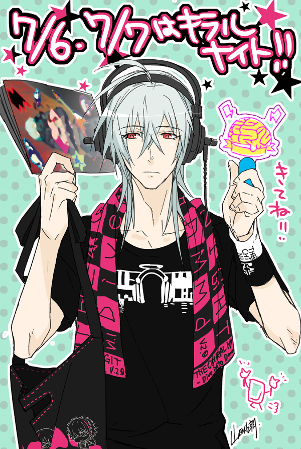 1boy announcement antenna_hair bag black_shirt blue_background closed_mouth glowstick headphones long_hair looking_to_the_side male_focus mascot naitou-kun nitro+_chiral polka_dot polka_dot_background red_eyes shirt shoulder_bag signature silver_hair simple_background solo t-shirt towel towel_around_neck upper_body wristband yamada_uiro