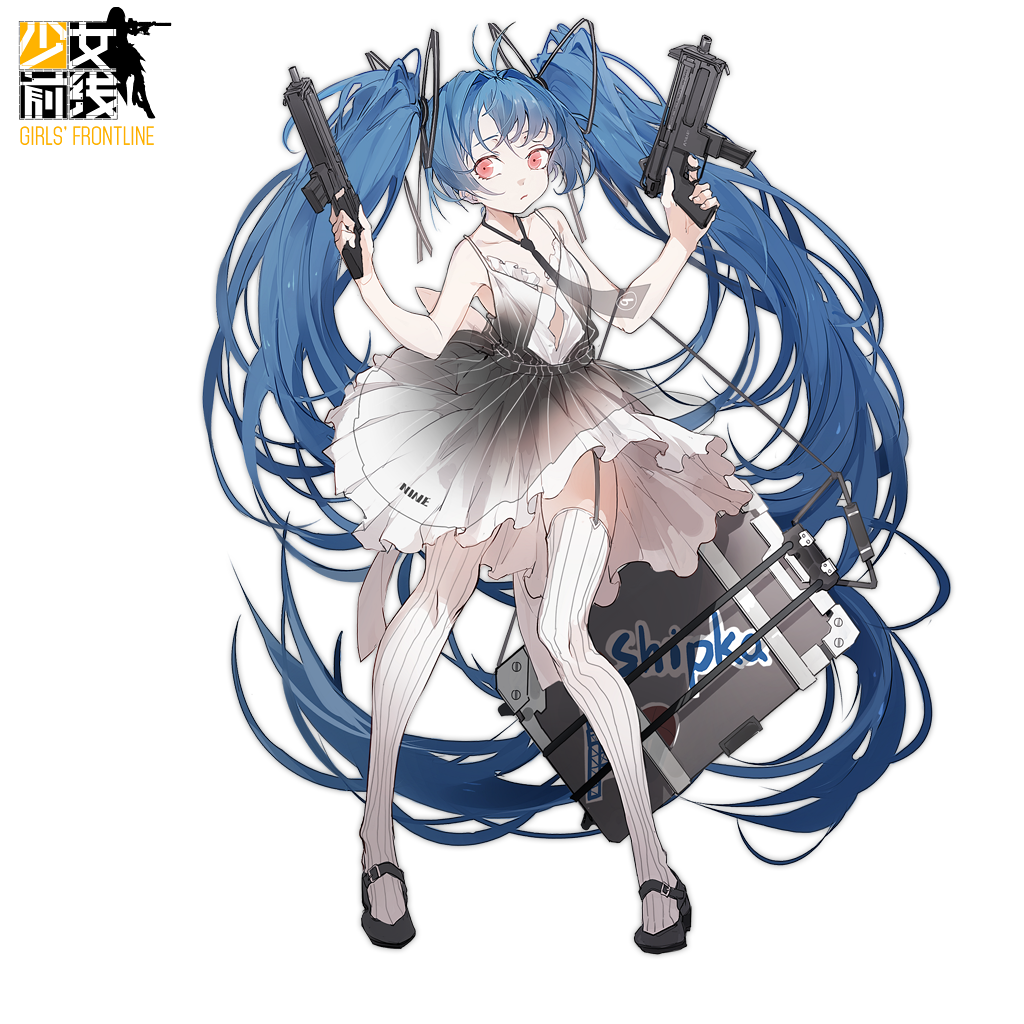 1girl bangs black_necktie black_shoes blue_hair closed_mouth copyright_name dress dual_wielding eyebrows_visible_through_hair finger_on_trigger garter_straps girls_frontline grey_dress gun gun_case holding holding_gun holding_weapon long_hair looking_at_viewer mary_janes necktie nine_(liuyuhao1992) pink_eyes ribbed_legwear shipka_(girls_frontline) shoes solo thigh-highs transparent_background twintails very_long_hair weapon white_legwear