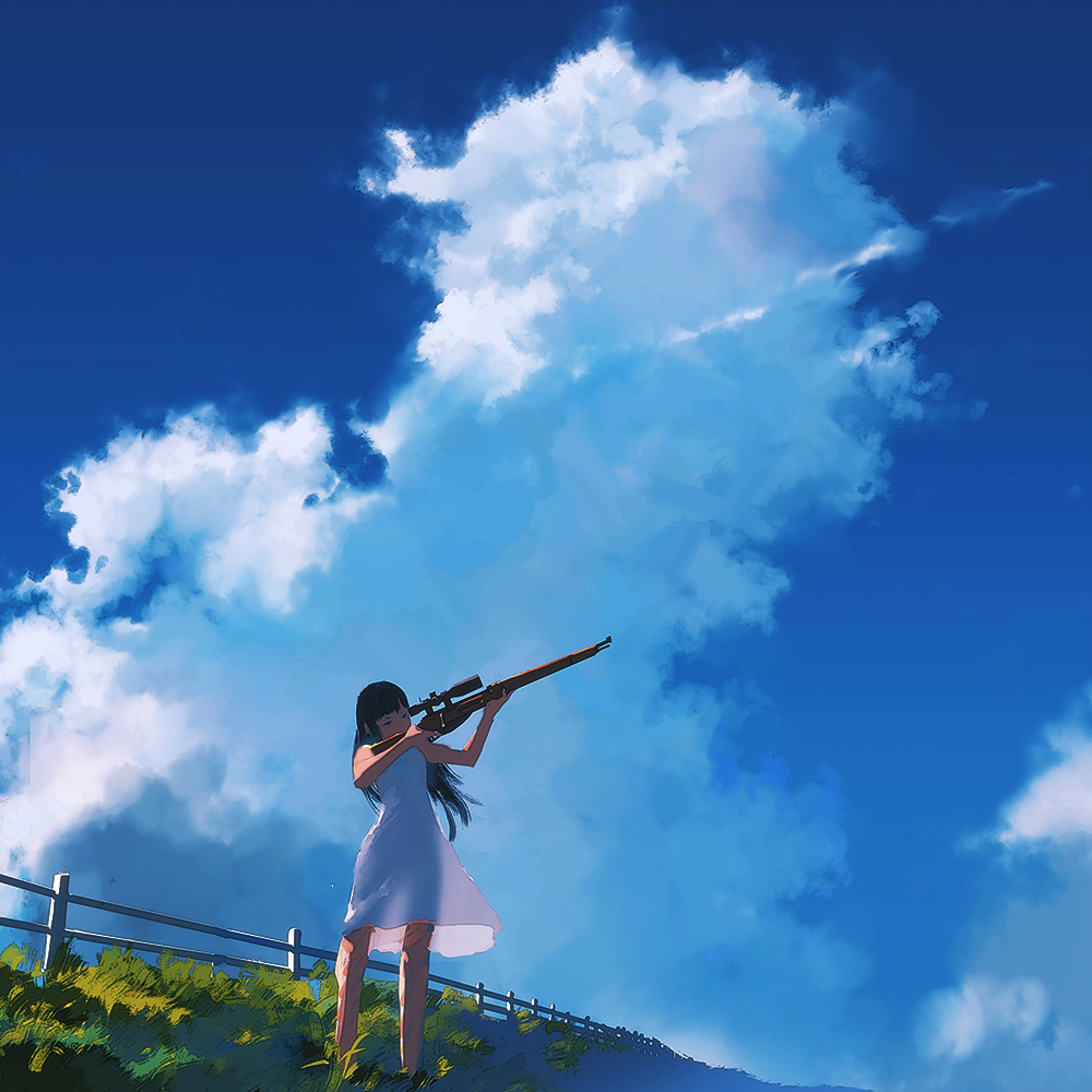 1girl aiming aiming_up bangs black_hair blue_sky bolt_action clouds day dress fence finger_on_trigger firearm grass gun holding holding_gun holding_weapon long_hair looking_afar looking_up medium_hair mosin-nagant original outdoors rias-coast rifle scope see-through_silhouette sky sleeveless sleeveless_dress standing sundress translucent_dress weapon white_dress wind wooden_fence