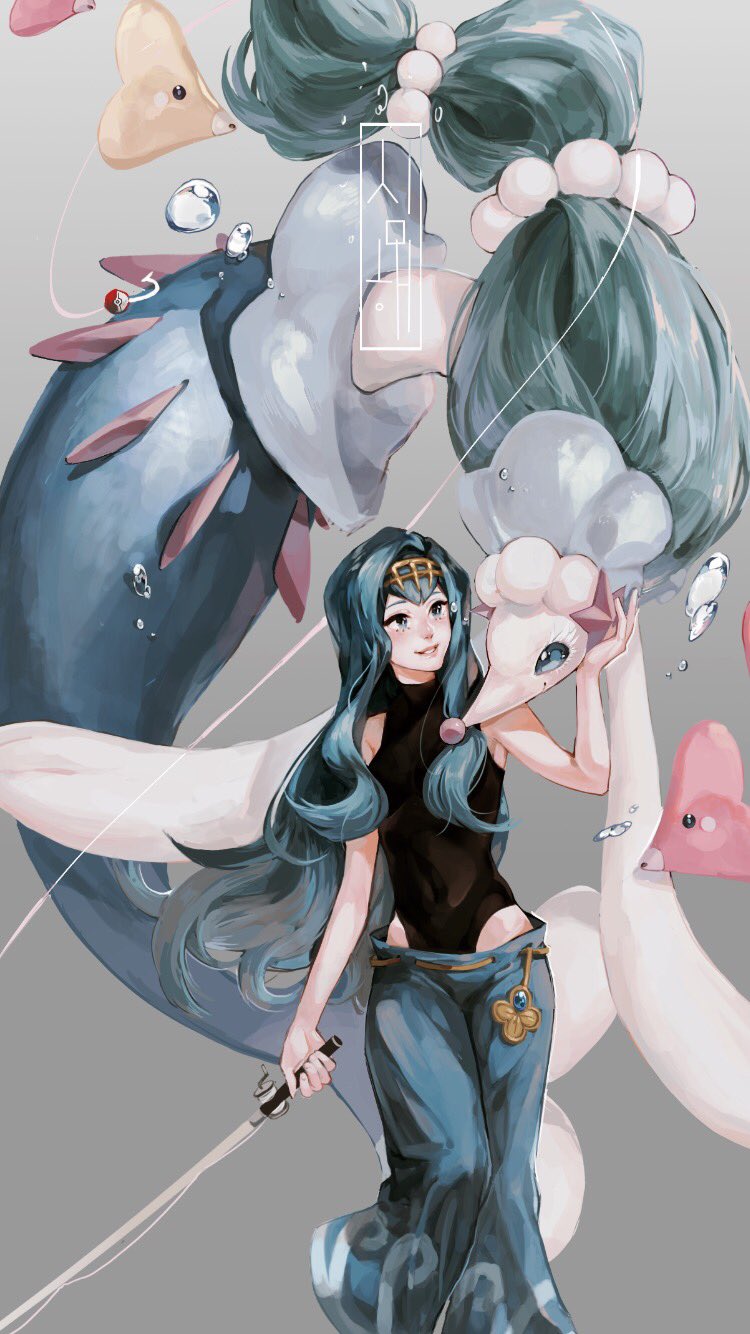 alternate_costume alternate_hairstyle baggy_pants bare_shoulders black_swimsuit blue_eyes blue_hair blush bubble covered_navel fishing_rod hair_ornament hairband highres long_hair luvdisc older pants pokemon pokemon_(creature) pokemon_(game) pokemon_sm primarina sleeveless smile suiren_(pokemon) swimsuit trial_captain turtleneck very_long_hair