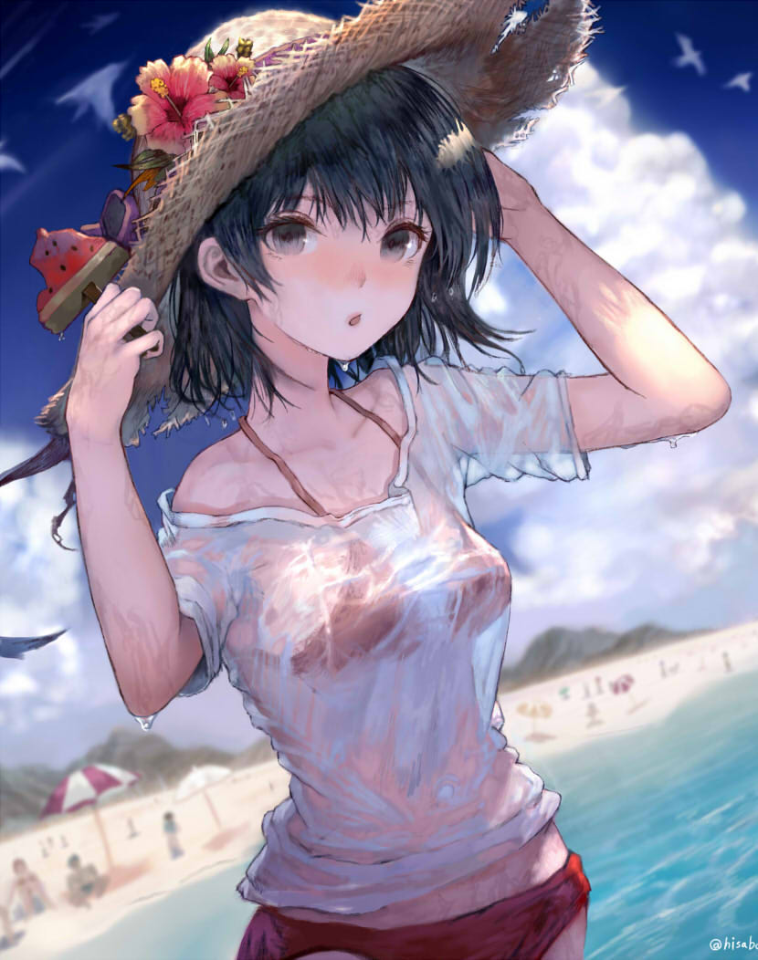 1girl :o beach beach_umbrella bikini black_eyes black_hair blurry clouds commentary_request day depth_of_field dutch_angle flower food hands_up hat hat_flower hibiscus hisabosi holding looking_at_viewer original outdoors popsicle red_bikini see-through short_hair short_sleeves sky solo straw_hat sun_hat swimsuit twitter_username umbrella upper_body watermelon_bar wet wet_clothes