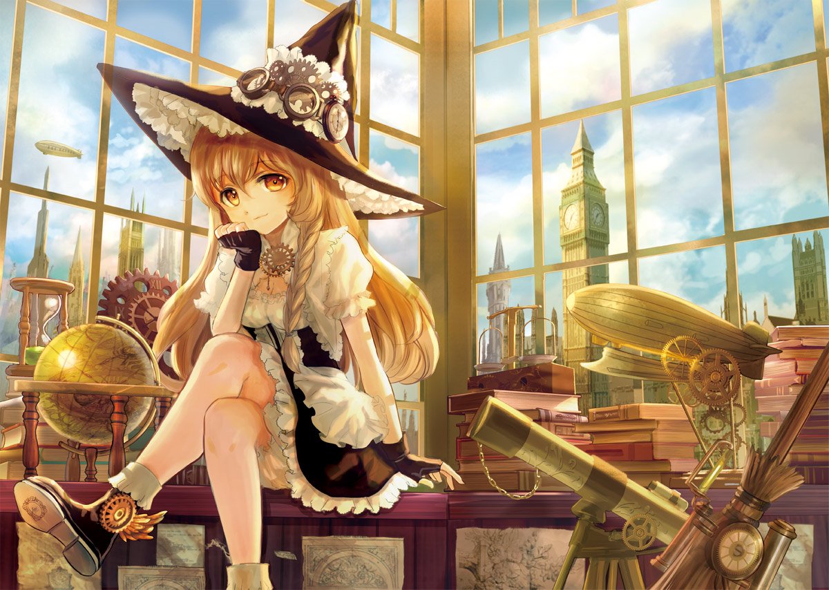 1girl aircraft blonde_hair bloomers blush bobby_socks book boots braid breasts broom cleavage clock clock_tower commentary dirigible gears globe goggles goggles_on_head hat keiko_(mitakarawa) kirisame_marisa legs_crossed long_hair looking_at_viewer medium_breasts single_braid sitting sitting_on_table smile socks solo steampunk table telescope touhou tower underwear window witch_hat yellow_eyes zeppelin