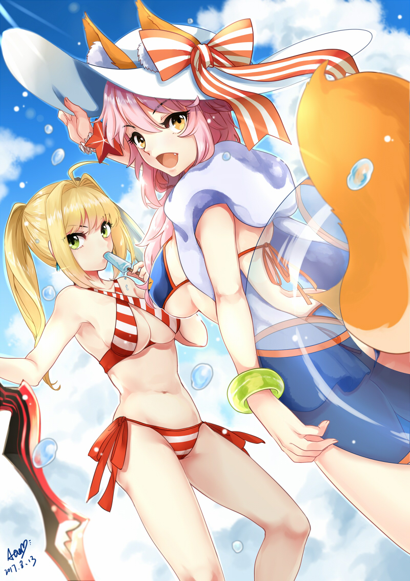 2girls aestus_estus bikini fate/grand_order fate_(series) multiple_girls nero_claudius_(fate)_(all) nero_claudius_(swimsuit_caster)_(fate) puyue swimsuit sword tamamo_(fate)_(all) tamamo_no_mae_(swimsuit_lancer)_(fate) weapon