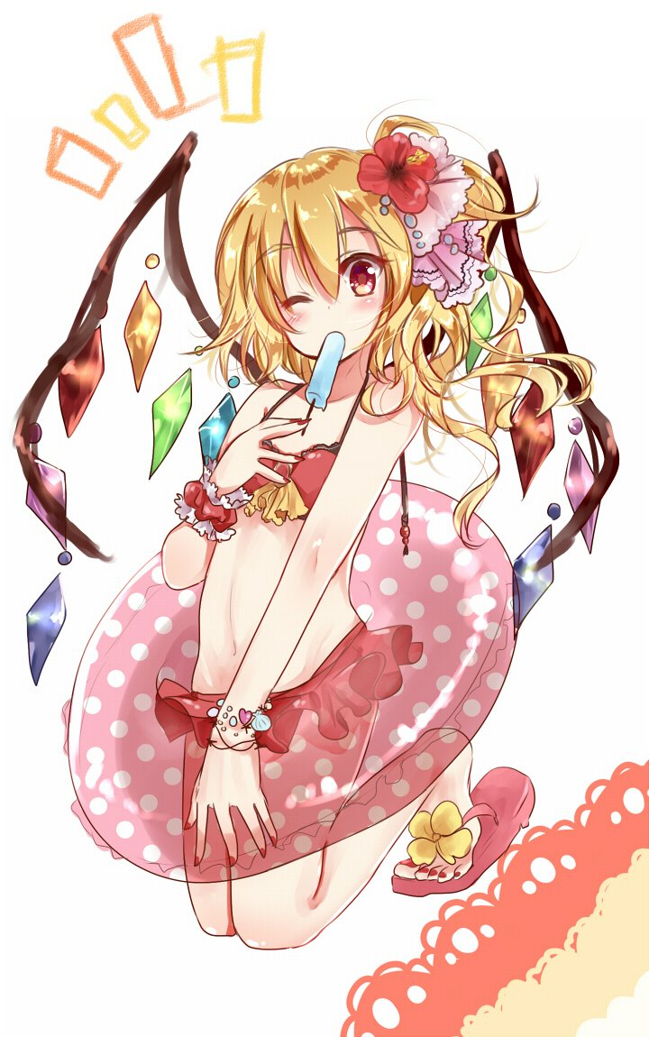 1girl bare_arms bikini bikini_skirt blonde_hair blush flandre_scarlet flower food full_body hair_flower hair_ornament heart hibiscus innertube long_hair looking_at_viewer mouth_hold nail_polish one_eye_closed polka_dot popsicle red_bikini red_eyes red_flower red_nails sakura_(kasupi) sandals simple_background solo stomach swimsuit toenail_polish touhou transparent wavy_mouth white_background wings wrist_cuffs