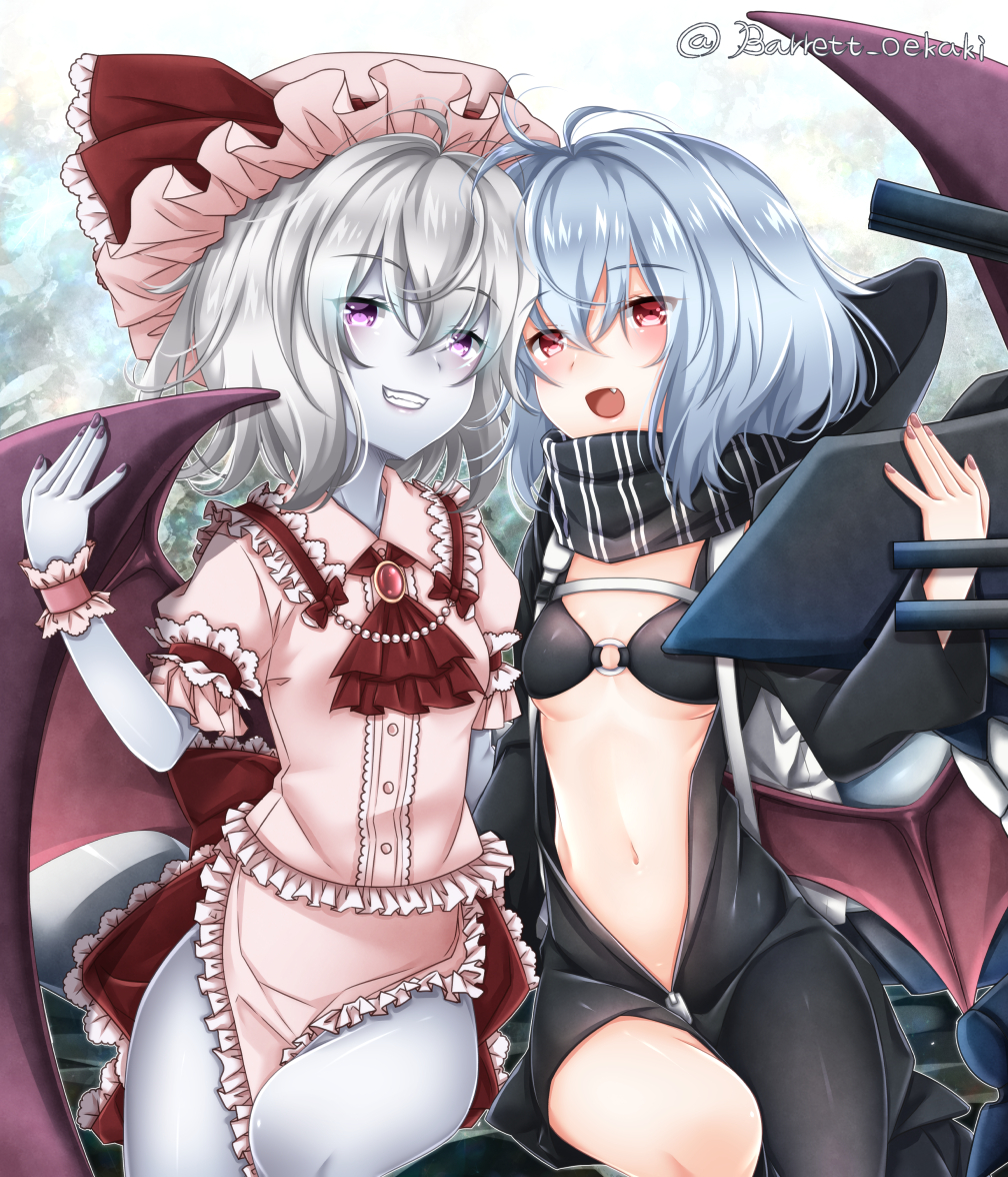 2girls baretto_(firearms_1) black_bikini_top blue_hair commentary_request cosplay costume_switch fang kantai_collection looking_at_viewer multiple_girls navel o-ring o-ring_bikini o-ring_top pale_skin re-class_battleship red_eyes remilia_scarlet shinkaisei-kan silver_hair touhou unzipped violet_eyes