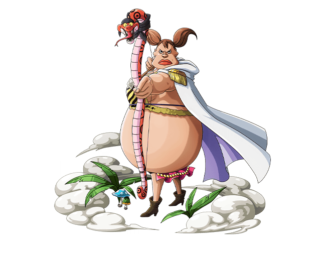 1girl arrow bodskih boots bow_(weapon) brown_hair cape epaulettes fat leaf midriff mushroom official_art one_piece snake solo sweet_pea_(one_piece) transparent_background twintails weapon