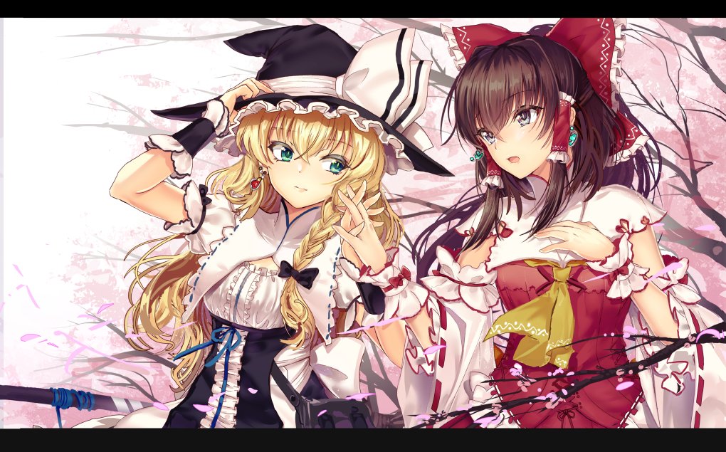 2girls adjusting_clothes adjusting_hat aqua_eyes ascot bangs black_bow black_eyes black_hair blonde_hair blush bow braid cherry_blossoms cibo_(killy) corset detached_sleeves earrings frills hair_bow hair_tubes hakurei_reimu hand_holding hat hat_ribbon interlocked_fingers jewelry kirisame_marisa letterboxed long_hair long_sleeves multiple_girls nontraditional_miko parted_lips puffy_short_sleeves puffy_sleeves red_bow ribbon ribbon-trimmed_sleeves ribbon_trim shirt short_sleeves side_braid sidelocks sleeveless sleeveless_shirt touhou tree upper_body wide_sleeves witch_hat wrist_cuffs