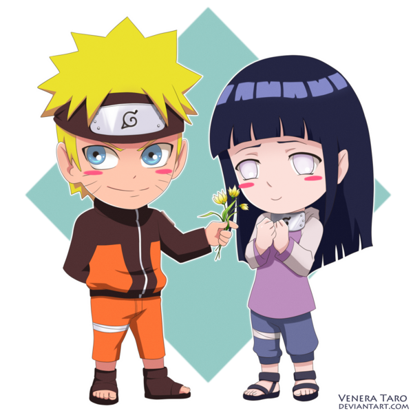 1boy 1girl blonde_hair chibi facial_mark flower hyuuga_hinata naruto naruto_shippuuden shy uzumaki_naruto venera_taro