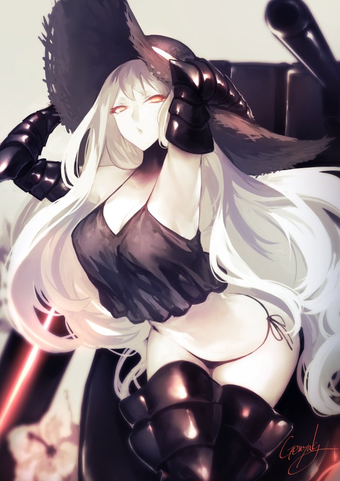 1girl aircraft_carrier_summer_hime armpits artist_name bikini black_bikini black_gloves black_hat black_legwear black_panties breasts cannon elbow_gloves gloves grey_background hand_on_headwear hat kantai_collection kyouya_(mukuro238) large_breasts long_hair looking_at_viewer pale_skin panties parted_lips ponytail red_eyes shinkaisei-kan side-tie_bottom side_ponytail simple_background solo sun_hat swimsuit thigh-highs turret underwear white_hair