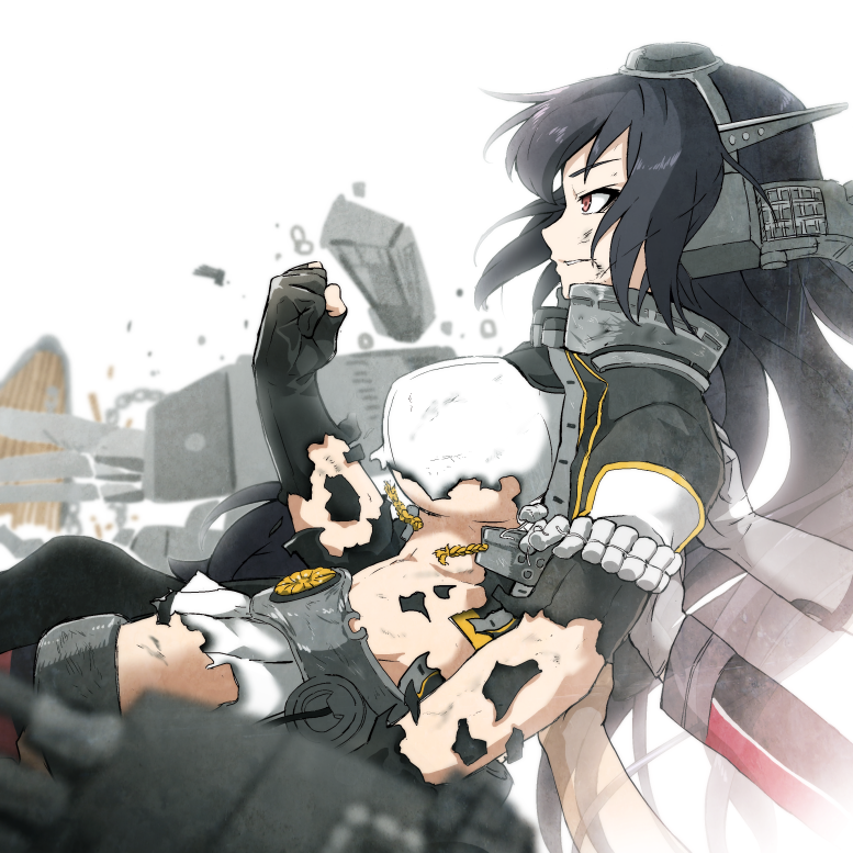 1girl arm_at_side bare_arms black_gloves black_hair breasts bright_background burnt_clothes character_request clenched_hand commentary_request elbow_gloves fingerless_gloves from_side gloves hand_on_another's_back hand_up headgear high_collar kantai_collection long_hair long_sleeves looking_afar midriff nagato_(kantai_collection) parted_lips pleated_skirt red_eyes short_sleeves skirt solo_focus stomach tanaka_kusao thigh-highs torn_clothes torn_gloves transparent under_boob upper_body