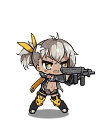 1girl :&gt; ^_^ animated animated_gif bandanna black_legwear chibi closed_eyes closed_mouth crossed_bangs dual_wielding girls_frontline grey_hair gun holding holding_gun holding_weapon jacket jumping klin_(girls_frontline) laughing lowres machine_pistol official_art open_clothes open_jacket simple_background solo tsurime weapon white_background yellow_eyes
