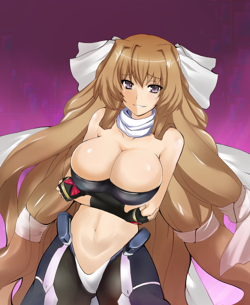1girl aoi_kimi bow breast_hold breasts brown_hair cleavage crop_top crossed_arms fingerless_gloves gloves kyoukaisenjou_no_horizon large_breasts long_hair looking_at_viewer maki_ikazuya midriff navel open_mouth pantyhose parted_lips revision smile solo very_long_hair violet_eyes