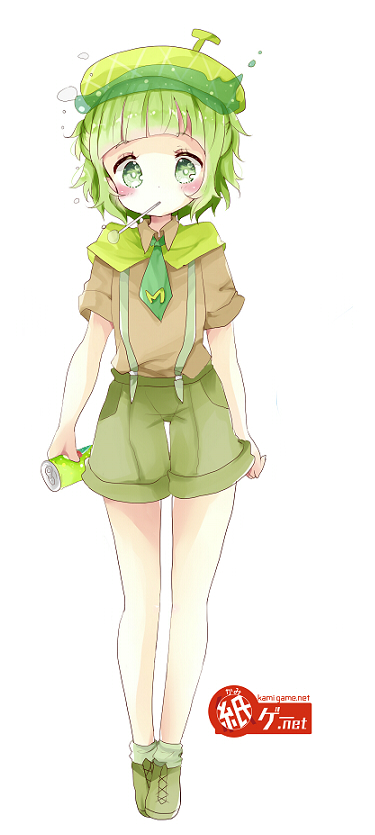 1girl bangs beret blunt_bangs blush brown_shirt can collared_shirt food fruit full_body green_eyes green_hair green_hat green_legwear green_necktie green_shoes green_skirt hat holding holding_can looking_at_viewer melon mouth_hold necktie shirt shoes short_hair short_sleeves simple_background skirt socks solo standing suspender_skirt suspenders tsukiyo_(skymint) watermark web_address white_background