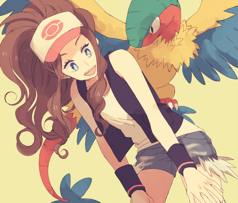 1girl archeops baseball_cap black_vest blue_eyes denim denim_shorts eye_contact hat high_ponytail komasawa_(fmn-ppp) leaning_forward looking_at_another open_mouth pokemon pokemon_(creature) pokemon_(game) pokemon_bw shirt shorts sleeveless sleeveless_shirt touko_(pokemon) vest white_shirt wristband