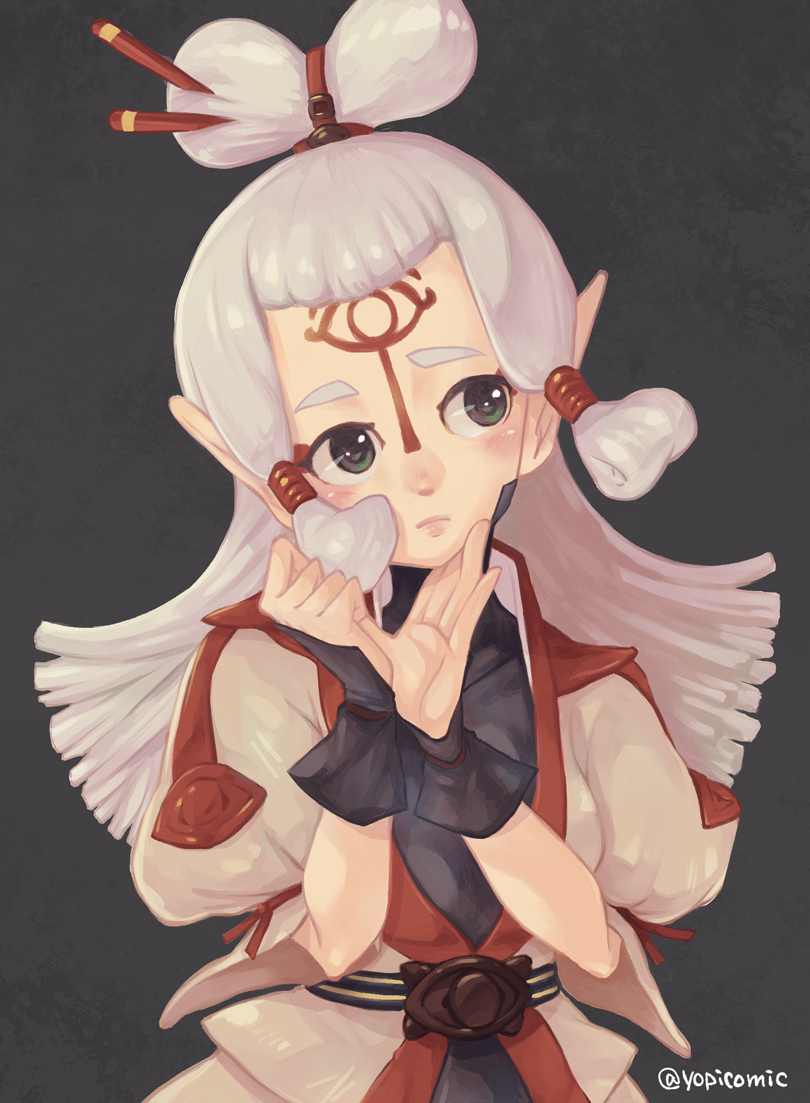 1girl artist_name blush facial_mark forehead_mark green_eyes long_hair looking_to_the_side paya_(zelda) pointy_ears solo the_legend_of_zelda the_legend_of_zelda:_breath_of_the_wild upper_body white_hair