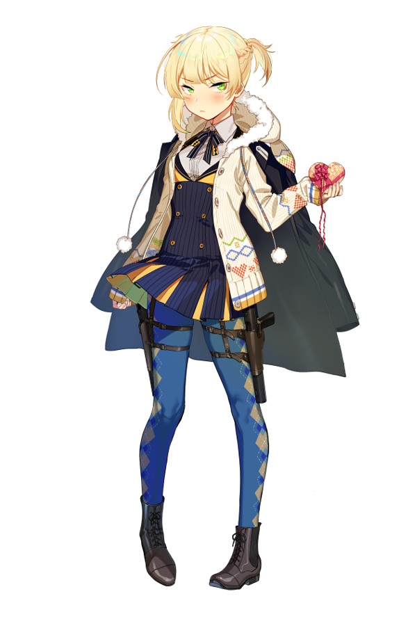 1girl argyle argyle_legwear artist_request asymmetrical_hair bangs black_boots blonde_hair blue_legwear blue_skirt blush boots braid cardigan closed_mouth eyebrows_visible_through_hair full_body girls_frontline green_eyes gun heart-shaped_box holster looking_at_viewer open_cardigan open_clothes pantyhose pout side_ponytail simple_background skirt sleeves_past_wrists solo striped striped_skirt thigh_holster weapon welrod_mk2_(girls_frontline) white_background