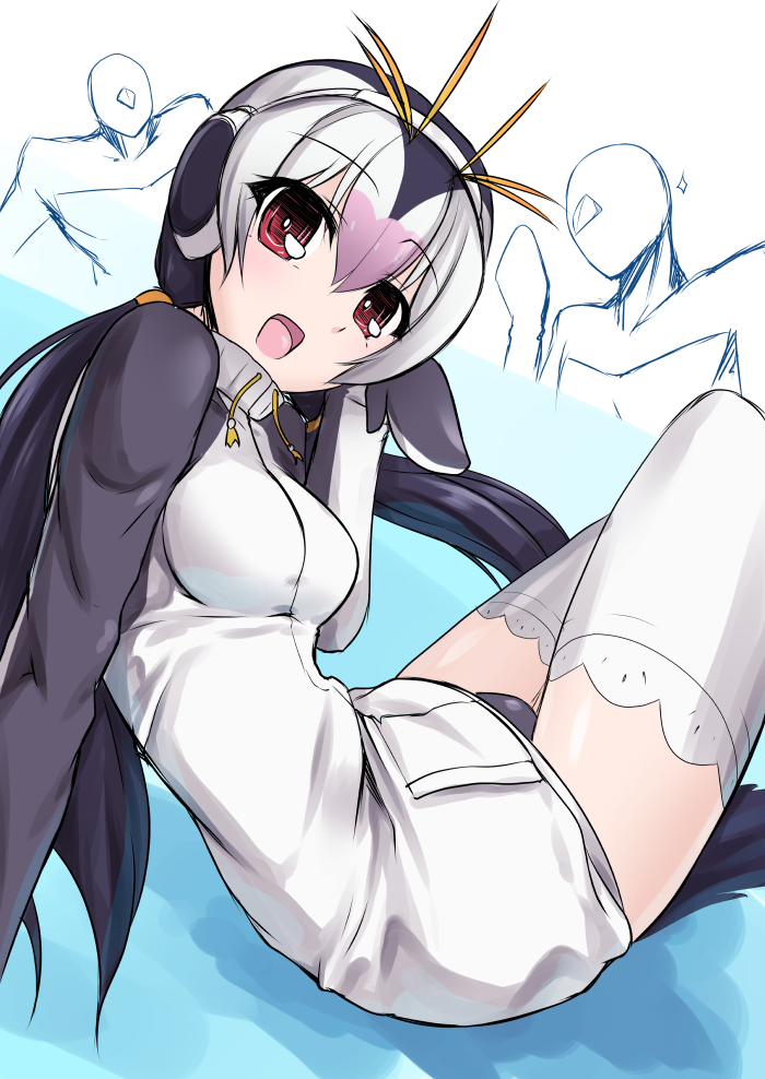 1girl 8000 :d black_hair crossover kemono_friends kenzen_robo_daimidaler low_twintails multicolored_hair open_mouth penguin_tail red_eyes royal_penguin_(kemono_friends) smile solo_focus thigh-highs twintails two-tone_hair white_hair white_legwear