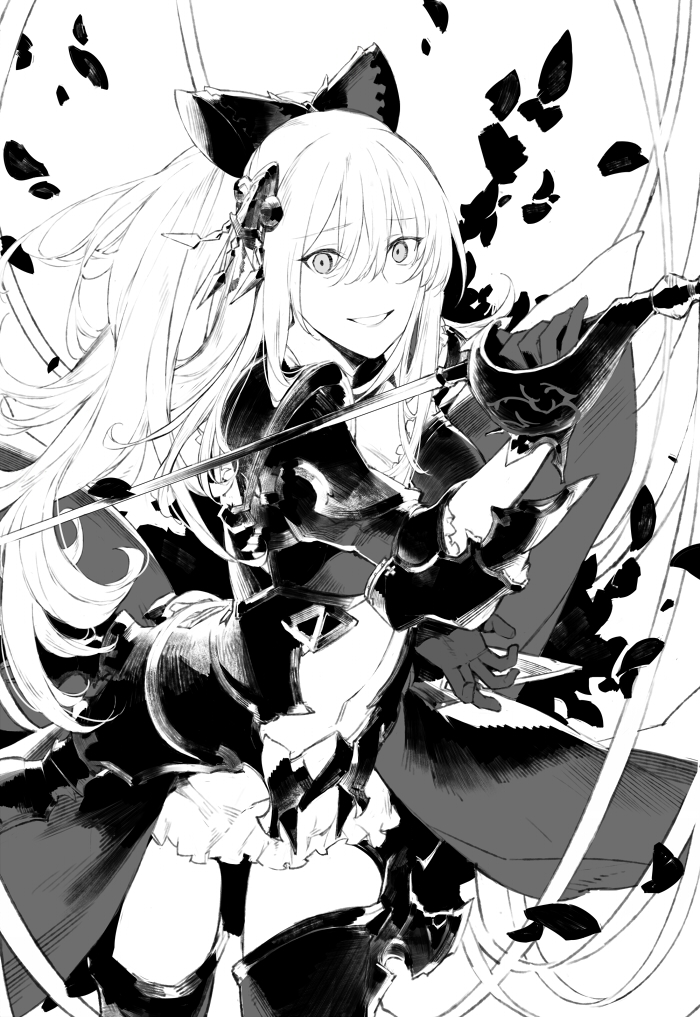 1girl bangs bow dress duoyuanjun eyebrows_visible_through_hair gloves granblue_fantasy greyscale hair_between_eyes hair_bow hair_ornament holding holding_sword holding_weapon long_hair looking_at_viewer monochrome navel parted_lips petals ponytail smile solo sword thigh-highs vira weapon