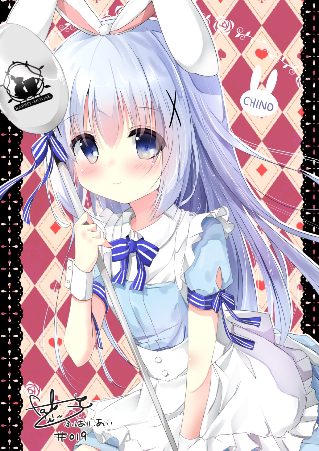 1girl alternate_costume animal_ears apron argyle argyle_background bangs blue_bow blue_bowtie blue_dress blue_eyes blush bow bowtie breasts character_name closed_mouth clubs_(playing_card) collared_dress commentary_request cowboy_shot diamonds_(playing_card) dress eyebrows_visible_through_hair fake_animal_ears flower frilled_apron frills gochuumon_wa_usagi_desu_ka? hair_between_eyes hair_ornament hairclip hearts_(playing_card) highres holding holding_spoon kafuu_chino kouda_suzu lace_border light_blue_hair long_hair looking_at_viewer oversized_object puffy_short_sleeves puffy_sleeves rabbit_ears rose short_sleeves sidelocks signature small_breasts smile solo spades_(playing_card) spoon striped striped_bow striped_bowtie two-tone_background white_apron wing_collar wrist_cuffs x_hair_ornament