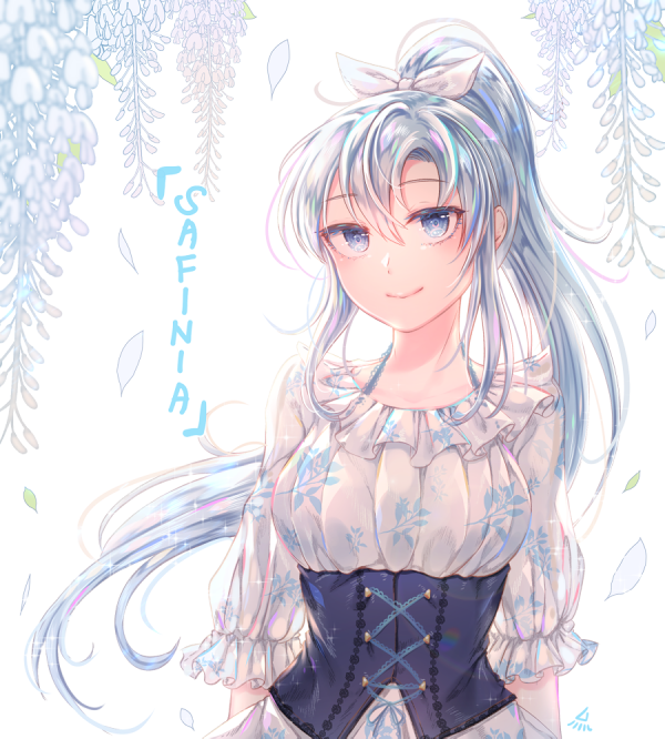 1girl bangs blouse blue_eyes bow breasts closed_mouth corset flower frills hair_between_eyes hair_bow long_hair looking_at_viewer medium_breasts original ozzingo petals ponytail silver_hair sleeves_past_elbows smile solo tsurime upper_body white_blouse white_bow wisteria