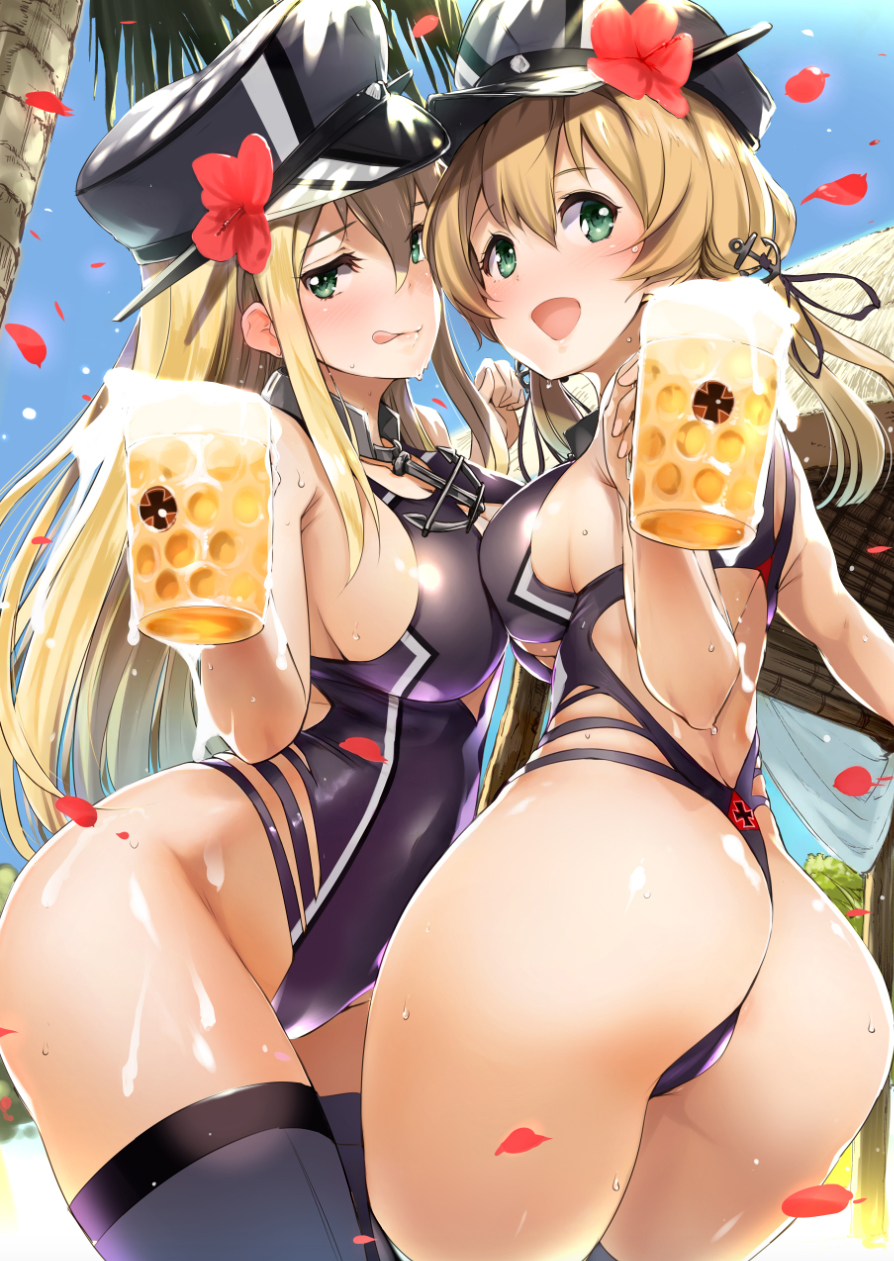 2girls alcohol anchor anchor_hair_ornament ass asymmetrical_docking beach beer beer_mug bismarck_(kantai_collection) blonde_hair blush breast_press breasts collar day detexted flower green_eyes hair_between_eyes hair_flower hair_ornament hat highres iron_cross kantai_collection large_breasts long_hair looking_at_viewer medium_breasts multiple_girls nylon one-piece_swimsuit open_mouth outdoors palm_tree peaked_cap petals prinz_eugen_(kantai_collection) purple_swimsuit sideboob straight_hair swimsuit thigh-highs tongue tongue_out tree twintails wet