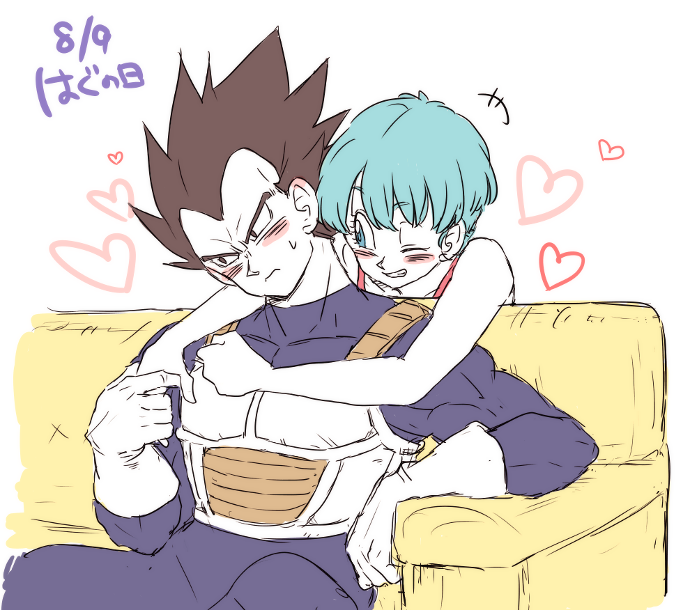 +++ 1boy 1girl ;) armor black_hair blue_eyes blue_hair blush blush_stickers bulma couch couple dragon_ball dragonball_z ear_blush eyebrows_visible_through_hair frown gloves heart hug hug_from_behind looking_at_another looking_away nervous number one_eye_closed short_hair simple_background sitting smile spiky_hair sweatdrop tkgsize translation_request vegeta white_background