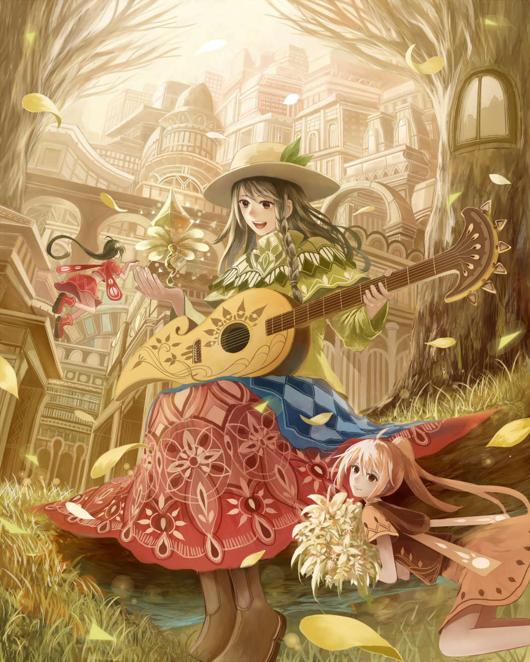 3girls :d ahoge black_eyes blonde_hair boots bouquet braid bridge brown_hair building city cityscape dress fairy fairy_wings fantasy floral_print flower flying grass green_dress guitar hat hat_leaf highres holding holding_bouquet holding_instrument instrument leaf long_hair minigirl multiple_girls open_mouth orange_dress original ponytail red_boots red_shirt red_skirt sakimori_(hououbds) shirt sitting skirt smile tree treehouse very_long_hair window wings