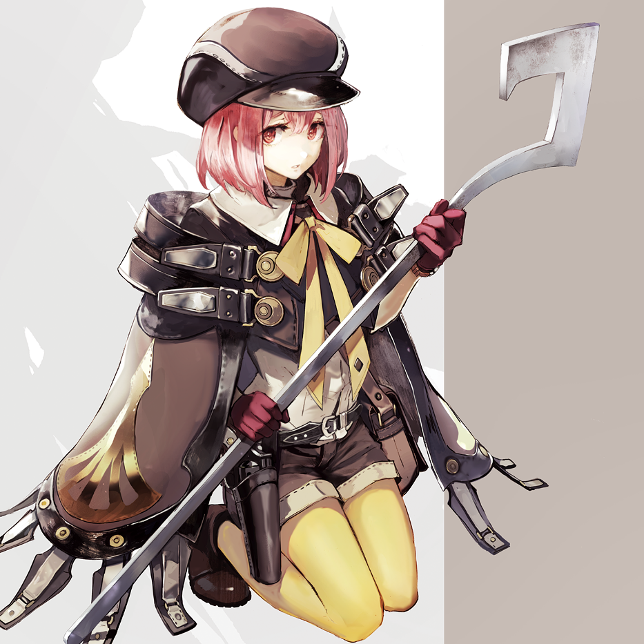 1girl ankle_boots bag banpai_akira boots cabbie_hat character_request coat commentary_request gloves gun handgun hat holding holding_weapon holster kneeling overcoat pantyhose pink_hair pistol red_eyes red_gloves satchel short_hair shorts solo weapon yellow_legwear