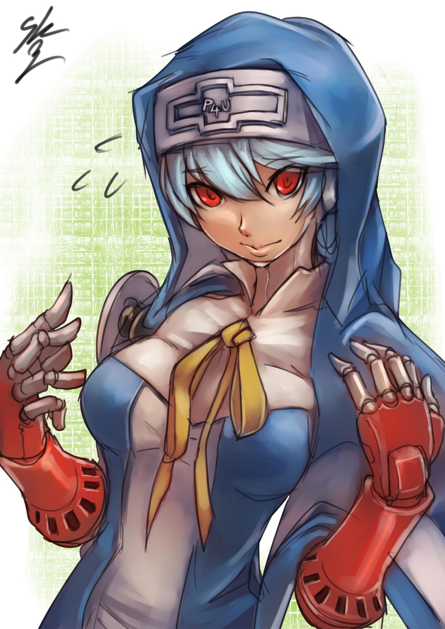 1girl android blue_hair breasts bridget_(guilty_gear) bridget_(guilty_gear)_(cosplay) closed_mouth company_connection cosplay flying_sweatdrops guilty_gear habit highres hood labrys looking_at_viewer nun persona persona_4:_the_ultimate_in_mayonaka_arena red_eyes small_breasts smile solo sowel_(sk3) upper_body