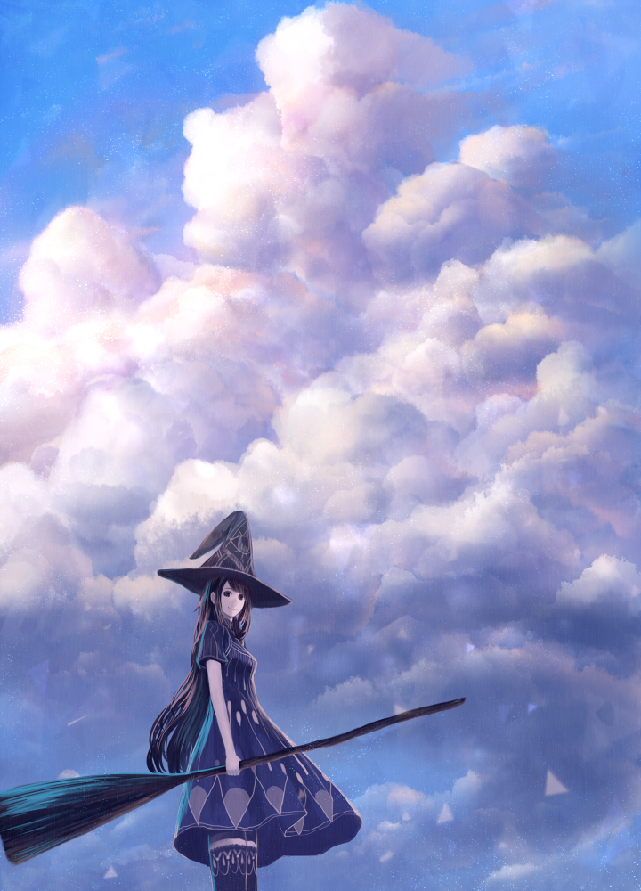 1girl black_eyes black_hair blue_sky broom clouds cloudy_sky hat holding holding_broom long_hair looking_at_viewer original sakimori_(hououbds) scenery short_sleeves sky smile solo thigh-highs witch witch_hat