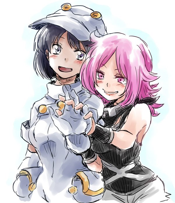 2girls aether_foundation_employee black_hair blush cabbie_hat dark_skin gloves hand_holding hat multiple_girls pink_eyes pink_hair pokemon pokemon_(game) pokemon_sm pouch short_hair short_sleeves sketch skull_necklace tank_top team_skull team_skull_grunt uniform unya white_gloves white_hat yuri