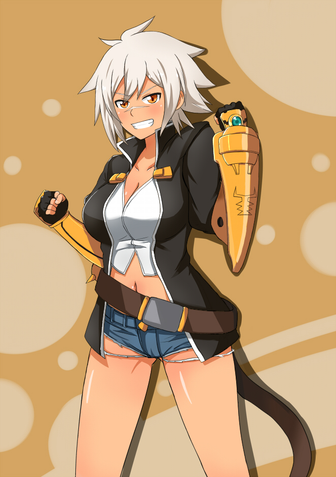 &gt;:) 1girl belt black_gloves black_jacket blazblue blazblue:_chronophantasma blush breasts bullet_(blazblue) cleavage clenched_hands collarbone cowboy_shot dark_skin denim denim_shorts fingerless_gloves gloves gluteal_fold grin jacket large_breasts looking_at_viewer naginoya navel open_clothes open_jacket scar short_hair short_shorts shorts smile solo white_hair yellow_eyes